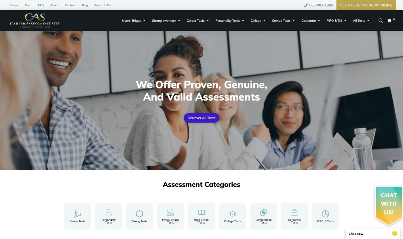 Career Assessment Site Homepage showing happy, smiling businesspeople