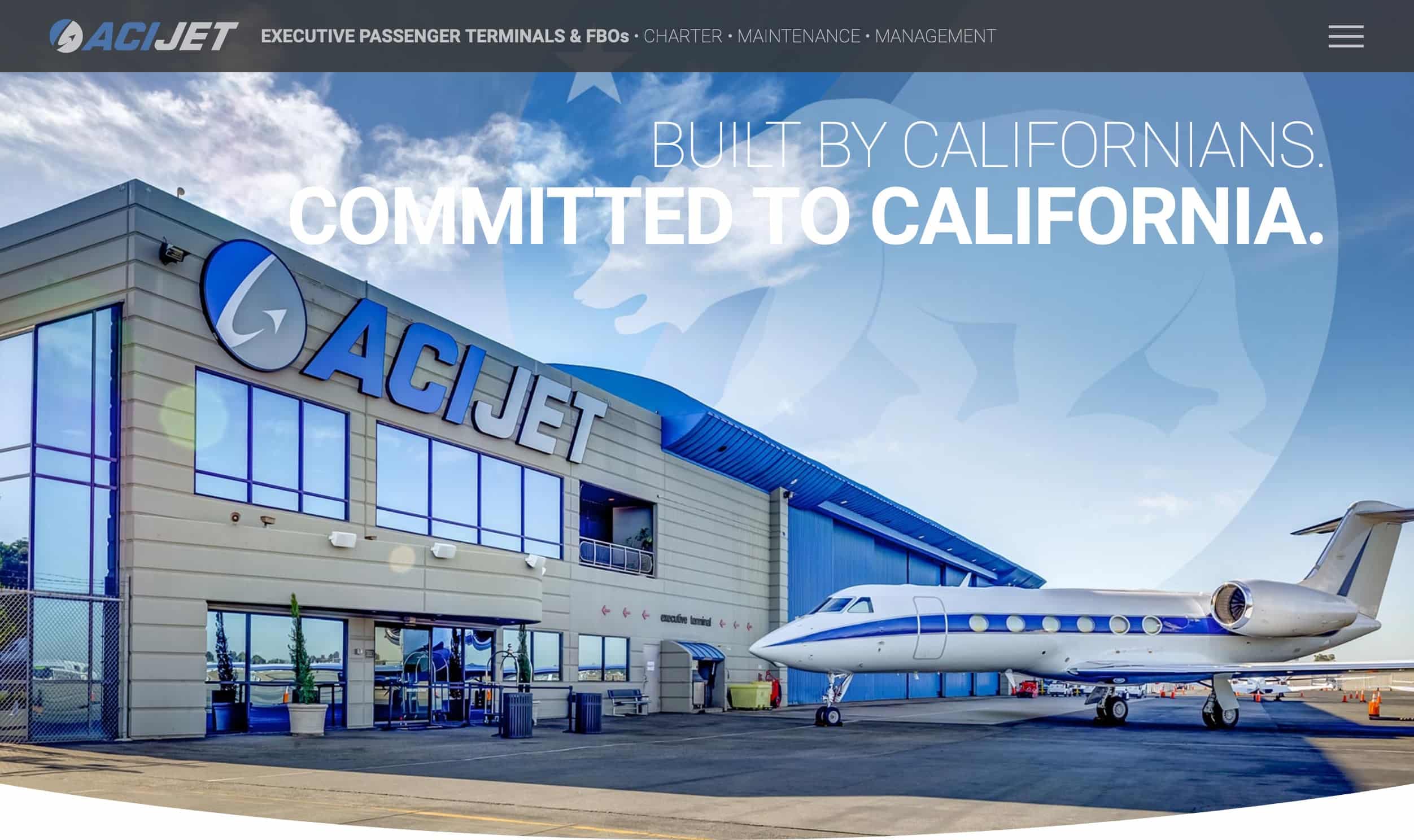 ACIJet FBO Homepage showing a plane and airport terminal