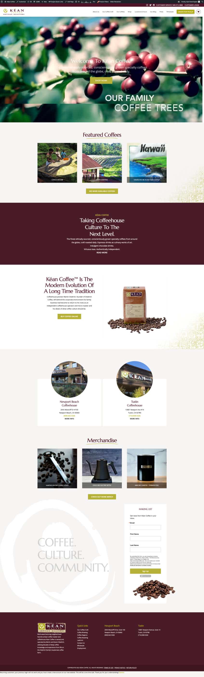 Kéan Coffee Homepage showing ripe coffee fruit