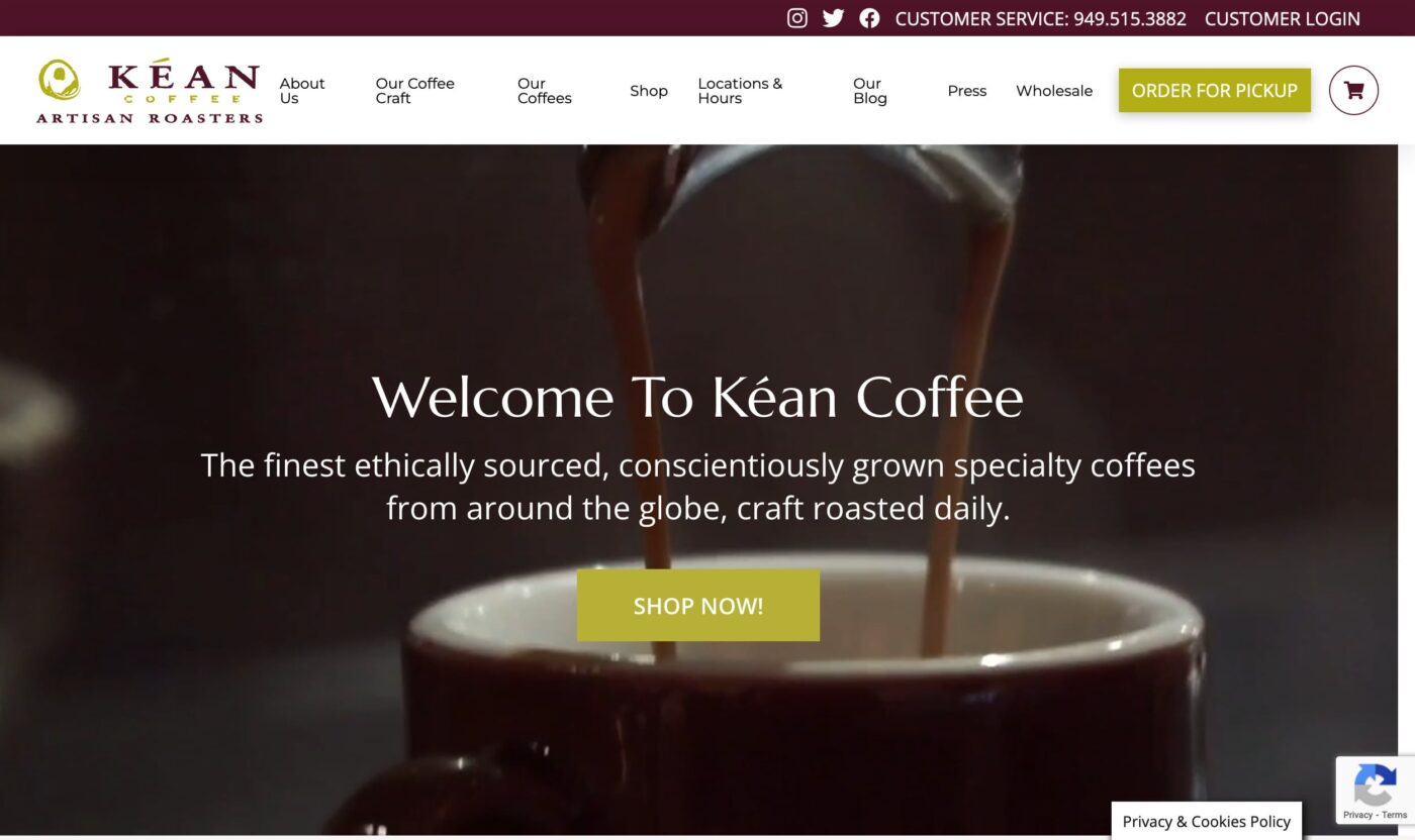 Kean Coffee homepage showing dripping espresso into a mug