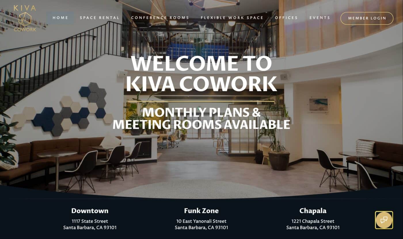 Kiva Cowork Homepage showing the interior atrium